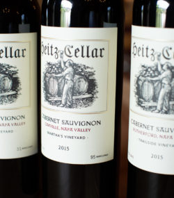 Stylized picture of Heitz Trailside Vineyard, Martha's Vineyard, Linda Falls Vineyard 2015 bottles zoomed in
