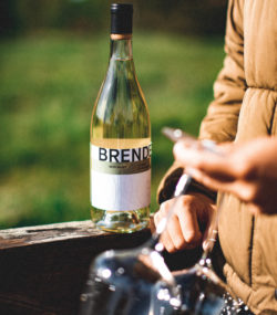 Brendel Chorus Cuvee Blanc in background with hand holding glasses in foreground