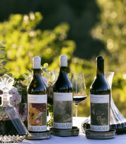 Ink Grade Howell Mountain wines on table with decanters and glasses with vineyard background zoomed in