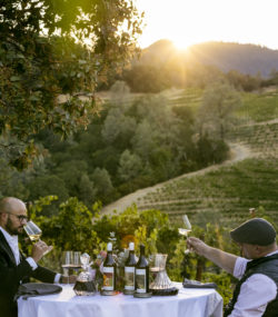 Carlton McCoy and Matt Taylor cheers over Ink Grade Howell Mountain Wines on table in vineyard