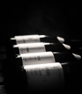 Stylized photo of Domaine Roc de l'Abbaye bottles, black and white