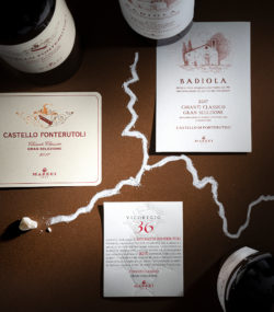 Stylized photo of Badiola, Castello di Fonterutoli and Vicoregio 36 Gran Selezione labels and bottles