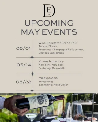 Tour the world with Demeine Estates this month as our producers participate in @wine_spectator Grand Tour in Tampa, @vinousmedia Icons: Italy, in New York City, and @vinexposium in Hong Kong!

The Wine Spectator Grand Tour wraps up in Tampa on Friday, where @champagne_philipponnat (booth 107), and @chateau_lascombes (booth 307) will be gathering to share their highly rated wines.

May 14 – 16, @poderiboscarelli will be at Vinous Icons: Italy, in New York City - showcasing 2021 Vino Nobile di Montepulciano and 2021 Costa Grande.

Finally, we finish the month with @heitzcellar, which will be debuting at @vinexposium in Hong Kong, marking an exciting new chapter on the global stage.

We can’t wait to raise a glass with you!

Link in bio for more information.